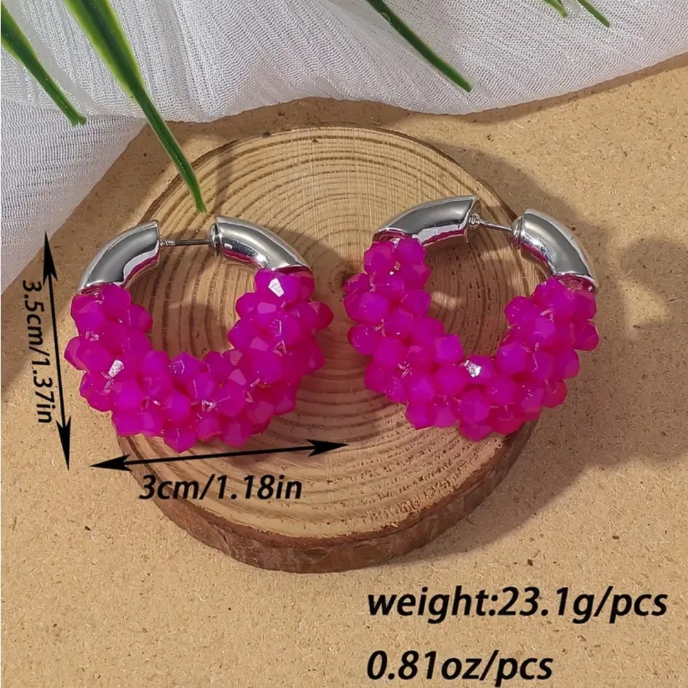 Rose Red Bohemian Style Handcrafted Round Hoop Synthetic Crystal Earrings - Picture 2 of 2